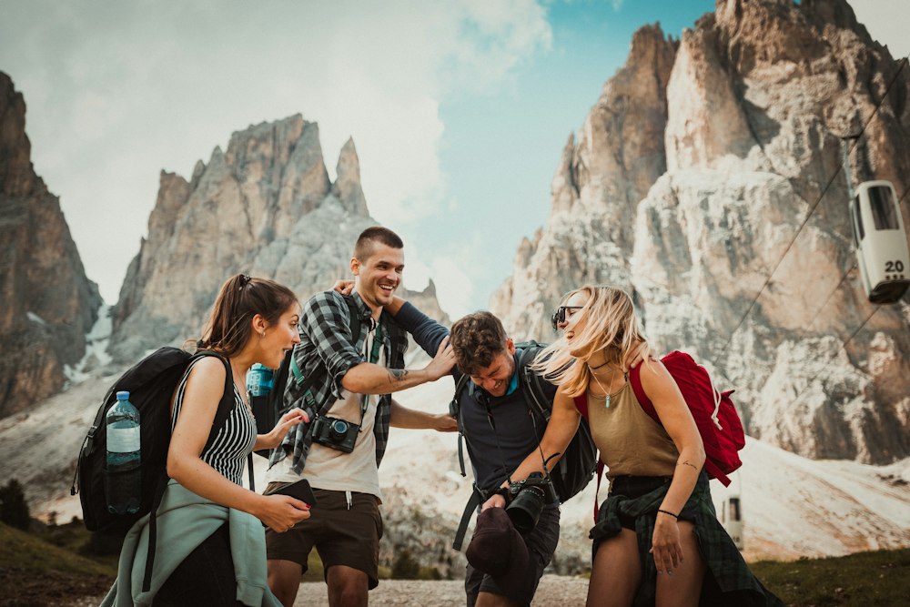 Travelers studying map together
